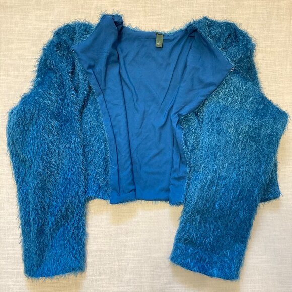 Excellent Condition, SZ L, Fuzzy Feathery Bolero Jacket, Teal Blue - Picture 4 of 6